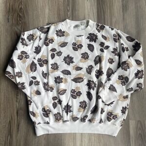 Vintage Womens Fall Leaves Cream Crewneck Sweatshirt XL Classic Elements 90s AOP
